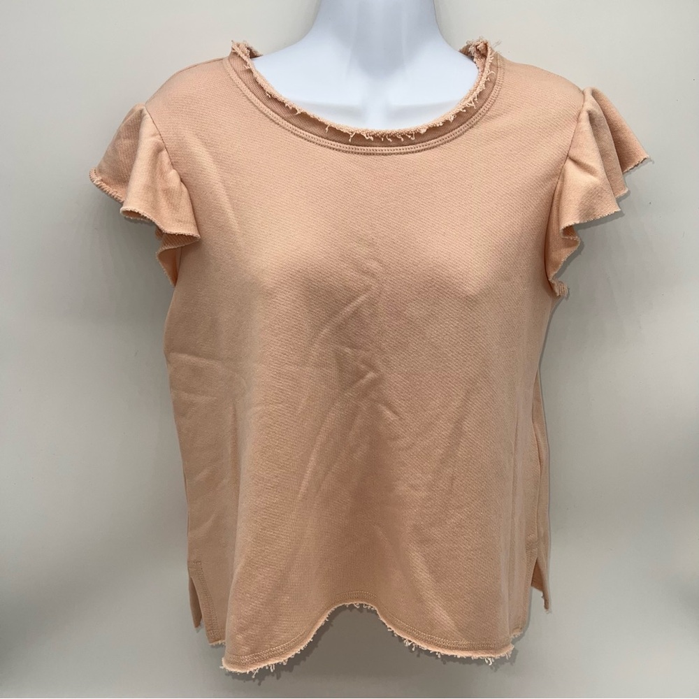 Joie Dust Peachy Pink Factory Frayed Edges Ruffles Sleeve Sweatshirt-Size XS